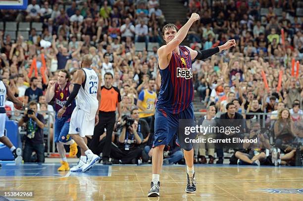 Judson Wallace of FC Barcelona Regal celebrates against the Dallas Mavericks during NBA Europe Live 2012 on October 9, 2012 at Palau Sant Jordi in...