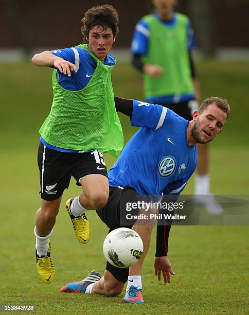 Marco Rojas and Jeremy Brockie of the New Zealand All Whites tackle for the ball during the New Zealand All Whites training session at Kristin School...