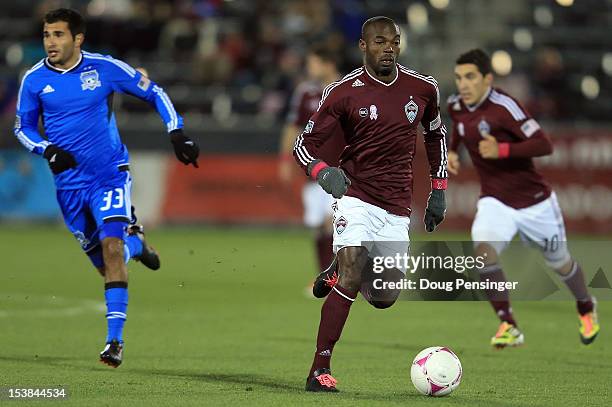 Omar Cummings of the Colorado Rapids controls the ball against the San Jose Earthquakes at Dick's Sporting Goods Park on October 6, 2012 in Commerce...