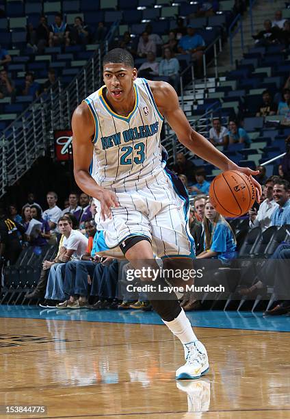 Anthony Davis of the New Orleans Hornets drives the ball during the game between the New Orleans Hornets and the Charlotte Bobcats on October 9, 2012...