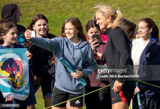 Lindsey Horan of the United States poses for pictures after USWNT training ahead of the FIFA Women's World Cup at Bay City Park on July 12, 2023 in...