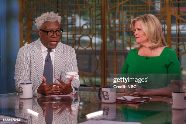 Pictured: Cornell Belcher, Democratic Pollster, and Sara Fagen, Republican Strategist, appear on “Meet the Press” in Washington, D.C. Sunday, July...