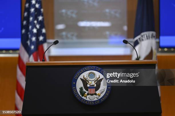 View of United States Department of State logo in Washington, United States on July 17, 2023.