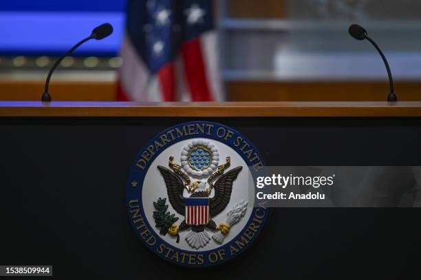 View of United States Department of State logo in Washington, United States on July 17, 2023.