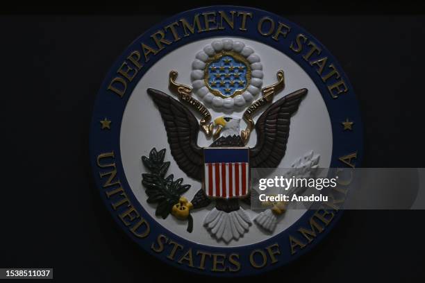 View of United States Department of State logo in Washington, United States on July 17, 2023.