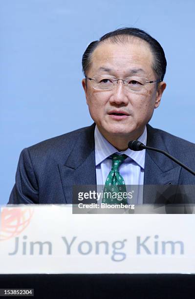 Jim Yong Kim, president of the World Bank Group, speaks during a joint news conference with Koriki Jojima, Japan's finance minister, unseen, at the...