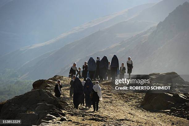 Afghan girls walk to school on a road in the Payan Shahr valley in the province of Badakhshan on October 5, 2012. The town is located in a fertile...