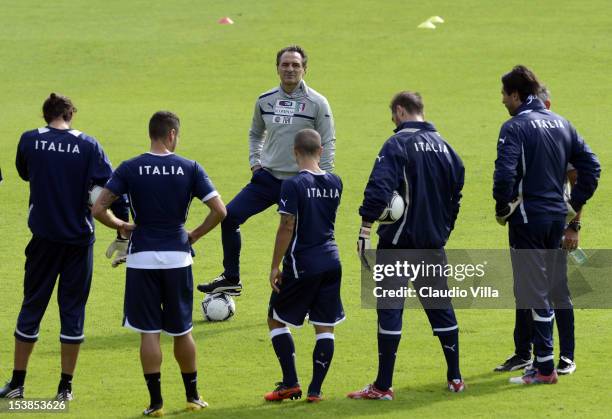 Head coach Cesare Prandelli of Italy during a training session ahead of their FIFA World Cup qualifier against Armenia at Coverciano on October 10,...