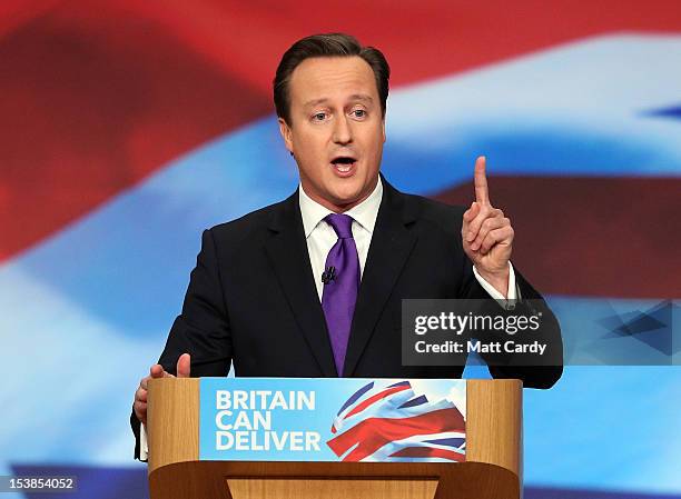 British Prime Minister David Cameron delivers his speech to delegates on the last day of the Conservative party conference in the International...