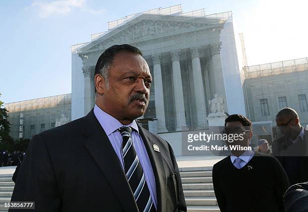 Rev Jesse Jackson Sr stands in front of the U.S. Supreme Court on October 10, 2012 in Washington, DC. Today the high court is scheduled to hear...