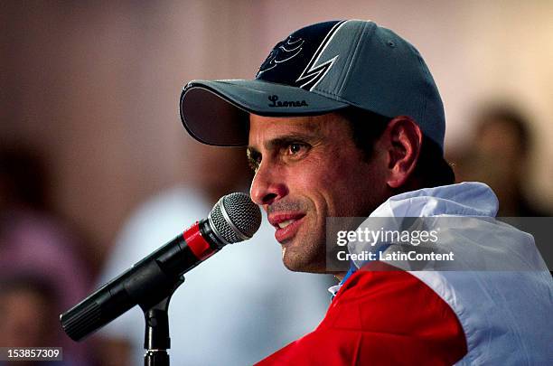 Venezuelan opposition leader Henrique Capriles attends a press conference on October 09, 2012 in Caracas, Venezuela. Capriles and Hugo Chavez ran for...