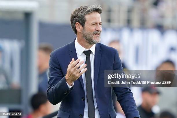 Head coach Thomas Christiansen of Panama reacts during overtime in the 2023 Concacaf Gold Cup Semifinals against the United States at Snapdragon...