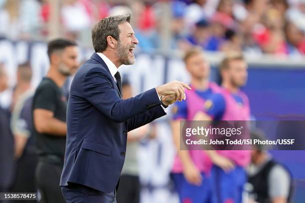 Head coach Thomas Christiansen of Panama reacts during overtime in the 2023 Concacaf Gold Cup Semifinals against the United States at Snapdragon...