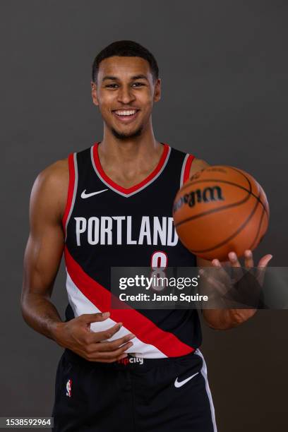 Kris Murray of the Portland Trail Blazers poses for a portrait during the 2023 NBA rookie photo shoot at UNLV on July 12, 2023 in Las Vegas, Nevada.