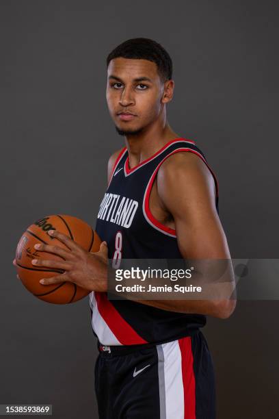 Kris Murray of the Portland Trail Blazers poses for a portrait during the 2023 NBA rookie photo shoot at UNLV on July 12, 2023 in Las Vegas, Nevada.