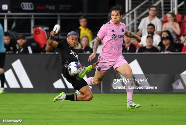 United defender Andy Najar plays a ball out of the air during the Inter Miami versus D.C. United Major League Soccer game on July 8, 2023 at Audi...