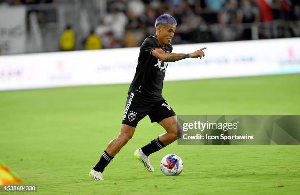 United defender Andy Najar dribbles during the Inter Miami versus D.C. United Major League Soccer game on July 8, 2023 at Audi Field in Washington,...