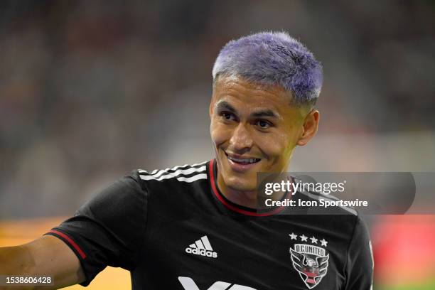 United defender Andy Najar smiles during the Inter Miami versus D.C. United Major League Soccer game on July 8, 2023 at Audi Field in Washington,...