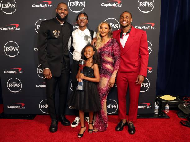 LeBron James, winner of Best Record-Breaking Performance, Bryce James, Zhuri James, Savannah James, and Bronny James attend The 2023 ESPY Awards at...