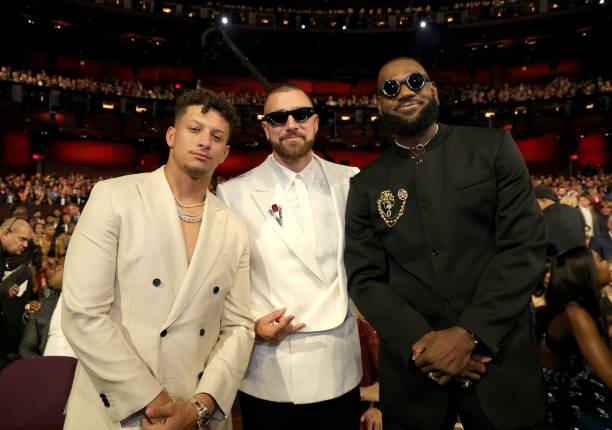 Patrick Mahomes, Travis Kelce and LeBron James attend The 2023 ESPY Awards at Dolby Theatre on July 12, 2023 in Hollywood, California.