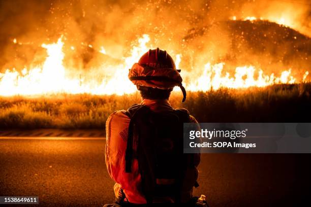 CalFire firefighter watches as the Rabbit Fire spreads. CalFire firefighters take on the Rabbit Fire that is currently taking over Moreno Valley,...