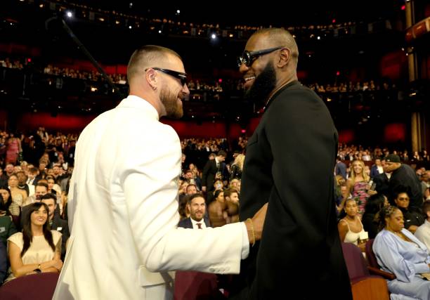 Travis Kelce and LeBron James attend The 2023 ESPY Awards at Dolby Theatre on July 12, 2023 in Hollywood, California.