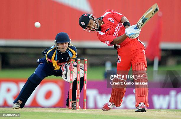 William Perkins of Trinidad & Tobago bats during the Karbonn Smart CLT20 pre-tournament Qualifying Stage match between Yorkshire and Trinidad and...