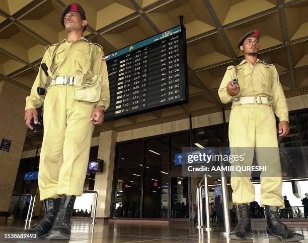 Two soldiers of the Pakistan Army at the international departure gates of the Karachi International Airport on 15, September 2001. The authorities...