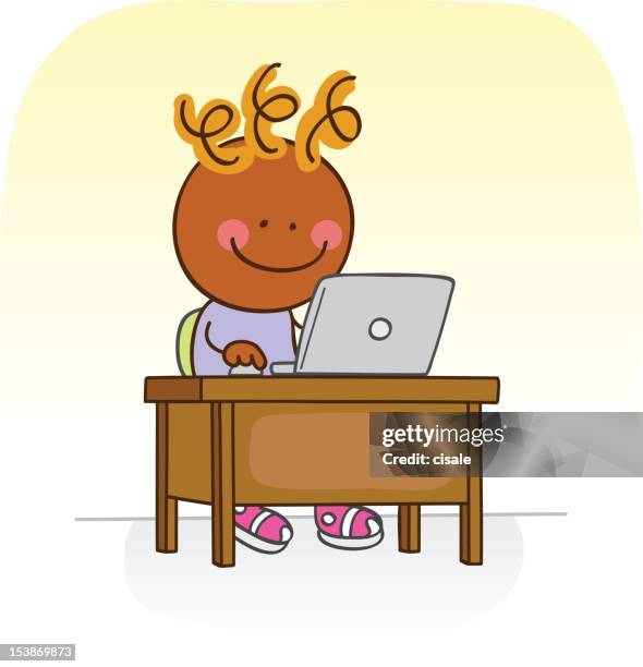 black boy online with computer cartoon illustration - naughty in class stock illustrations