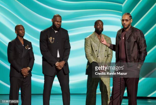 Chris Paul, LeBron James, Dwyane Wade and Carmelo Anthony speak onstage during The 2023 ESPY Awards at Dolby Theatre on July 12, 2023 in Hollywood,...