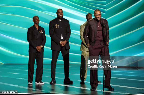 Chris Paul, LeBron James, Dwyane Wade and Carmelo Anthony speak onstage during The 2023 ESPY Awards at Dolby Theatre on July 12, 2023 in Hollywood,...