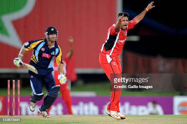 Ravi Rampaul of Trinidad & Tobago celebrates the wickets of Phil Jaques of Yorkshire during the Karbonn Smart CLT20 pre-tournament Qualifying Stage...