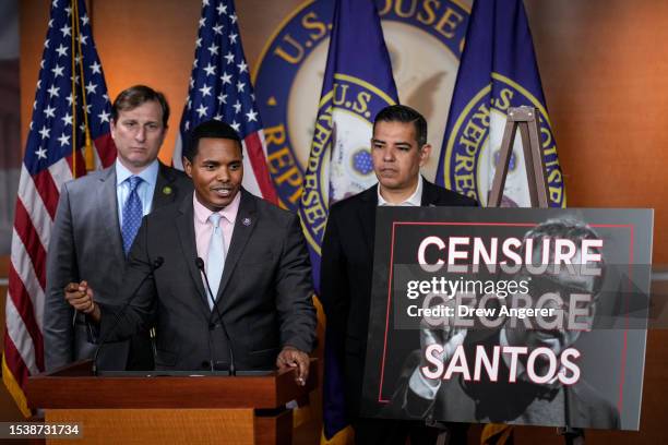 Rep. Dan Goldman , Rep. Ritchie Torres and Rep. Robert Garcia hold a news conference about Rep. George Santos on Capitol Hill July 17, 2023 in...