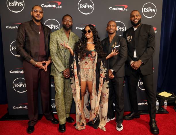 Carmelo Anthony, Dwyane Wade, H.E.R., Chris Paul and LeBron James attend The 2023 ESPY Awards at Dolby Theatre on July 12, 2023 in Hollywood,...