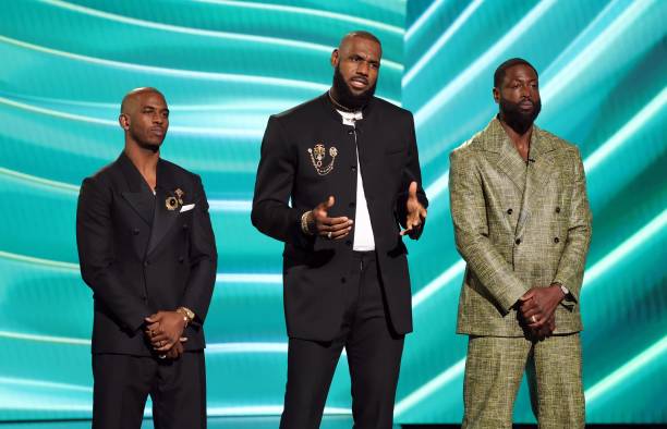 Chris Paul, LeBron James and Dwyane Wade speak onstage during The 2023 ESPY Awards at Dolby Theatre on July 12, 2023 in Hollywood, California.