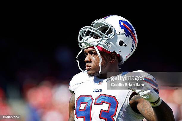 Defensive end Mark Anderson of the Buffalo Bills stands on the sidelines against the San Francisco 49ers in the second quarter on October 7, 2012 at...