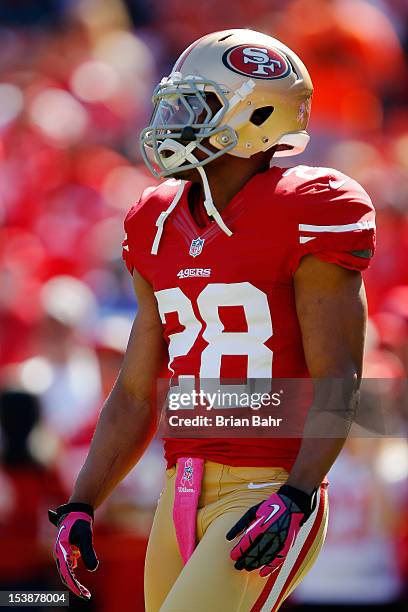 Safety Darcel McBath of the San Francisco 49ers prepares before a game against the Buffalo Bills on October 7, 2012 at Candlestick Park in San...
