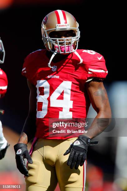 Wide receiver Randy Moss of the San Francisco 49ers prepares before a game against the Buffalo Bills on October 7, 2012 at Candlestick Park in San...