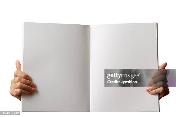 retención libro blanco en blanco contra fondo blanco - man holding book fotografías e imágenes de stock