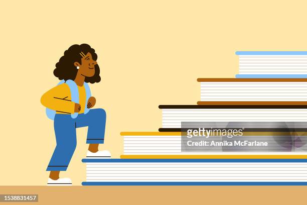 bildbanksillustrationer, clip art samt tecknat material och ikoner med a young black female student climbs book staircase to improve literacy - analfabetism
