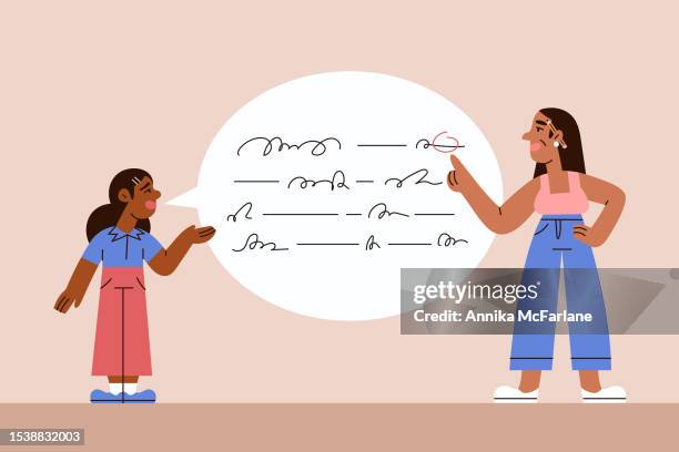 stockillustraties, clipart, cartoons en iconen met a woman teacher points out and corrects her girl student's speaking mistake - spelling