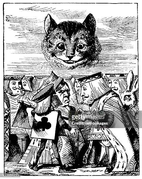 stockillustraties, clipart, cartoons en iconen met executioner and cheshire cat illustration, (alice's adventures in wonderland) - alice carriere