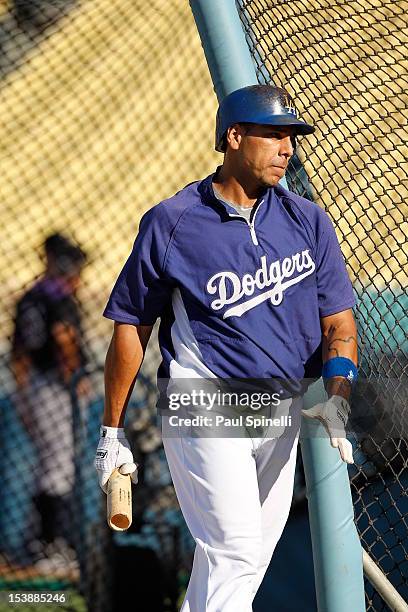 Juan Rivera of the Los Angeles Dodgers takes batting practice before the game against the Colorado Rockies at Dodger Stadium August 7, 2012 in Los...