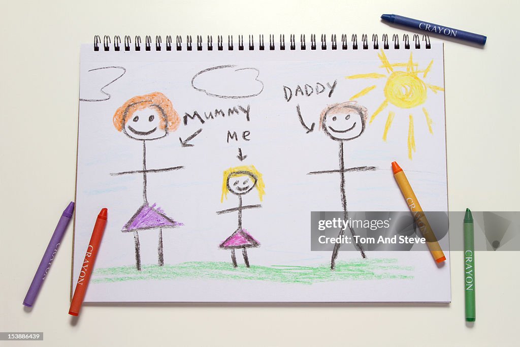 A childlike drawing of a child and their parents