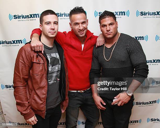 Personalities Vinny Guadagnino, Mike Sorrentino, and Ronnie Ortiz-Magro visit SiriusXM Studio on October 10, 2012 in New York City.
