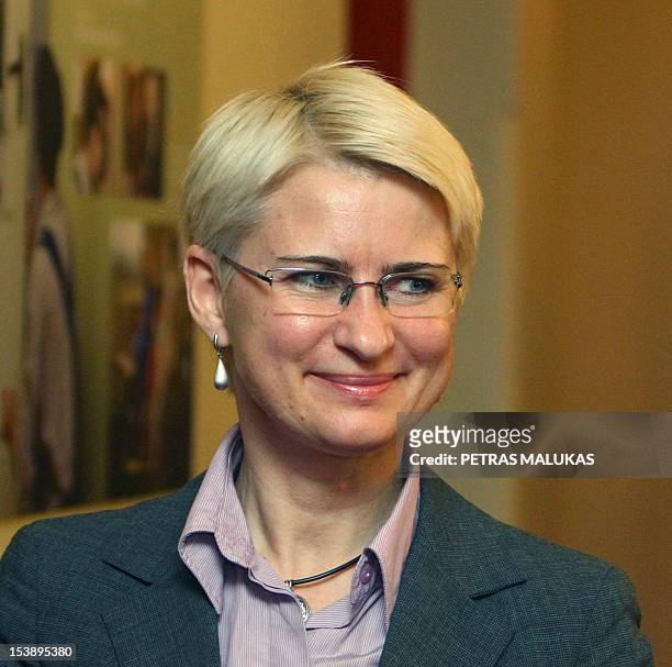 Marielle VITUREAU The leader of the Political Party 'The Way of Courage' Neringa Venckiene speaks during a campaign meeting in Vilnius, Lithuania on...