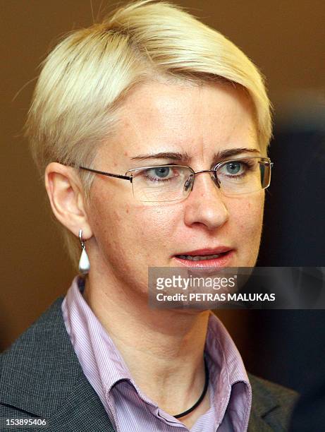 Marielle VITUREAU The leader of the Political Party 'The Way of Courage' Neringa Venckiene speaks during a campaign meeting in Vilnius, Lithuania on...