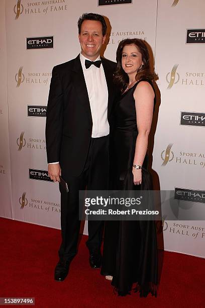 Kieren Perkins and wife Symantha arrive for the Sport Australia Hall of Fame Annual Induction ceremony at Crown Palladium on October 11, 2012 in...