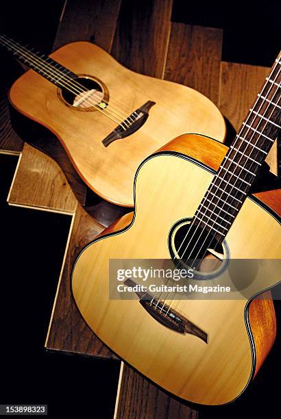 Lag Tramontane T100D and Tramontane T66A acoustic guitars, during a studio shoot for Guitarist Magazine/Future via Getty Images, November 10, 2010.