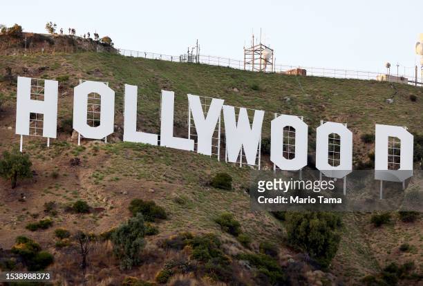 The Hollywood sign stands as the WGA strike continues on July 12, 2023 in Los Angeles, California. Members of SAG-AFTRA, which represents actors and...